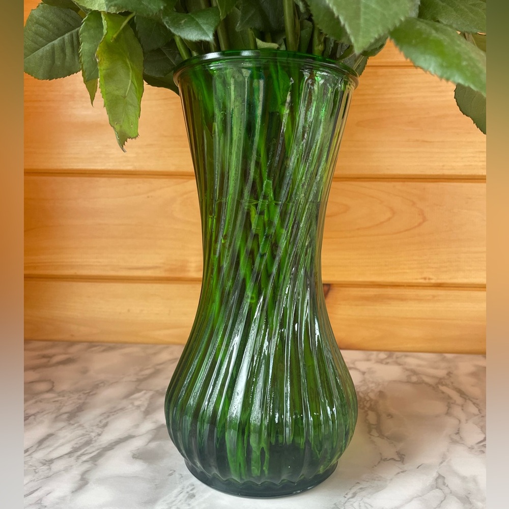 Hoosier Vintage Green Glass Vase Stretched Ribbon